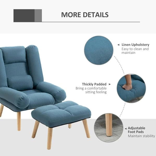 Blue recliner armchair and footstool with thick padding and linen-style upholstery