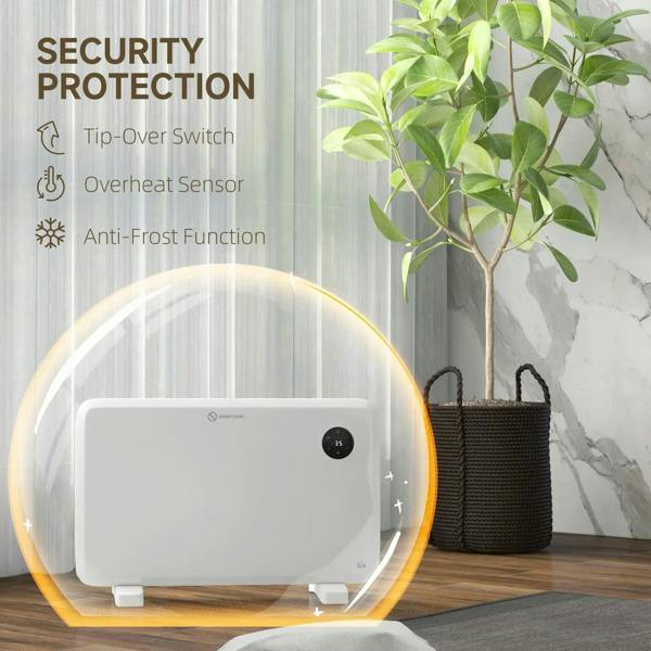 White electric convector heater with black thermostat dial and a warm heating halo effect.