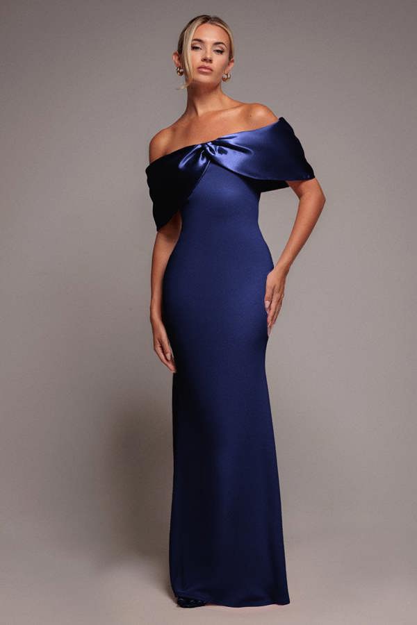 Twist Knot Satin & Scuba Bardot Maxi Dress - Navy Blue DR4575