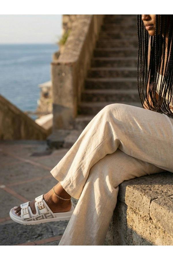Willow Patterned Buckle Sandals - White