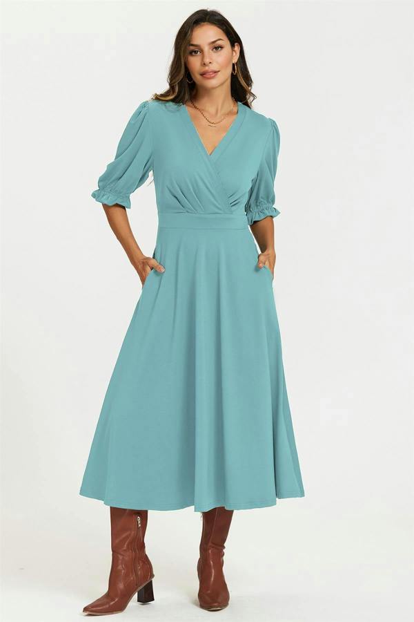 FS Collection Half Sleeves Jersey Midi Dress with Wrap Neckline In Grey Blue