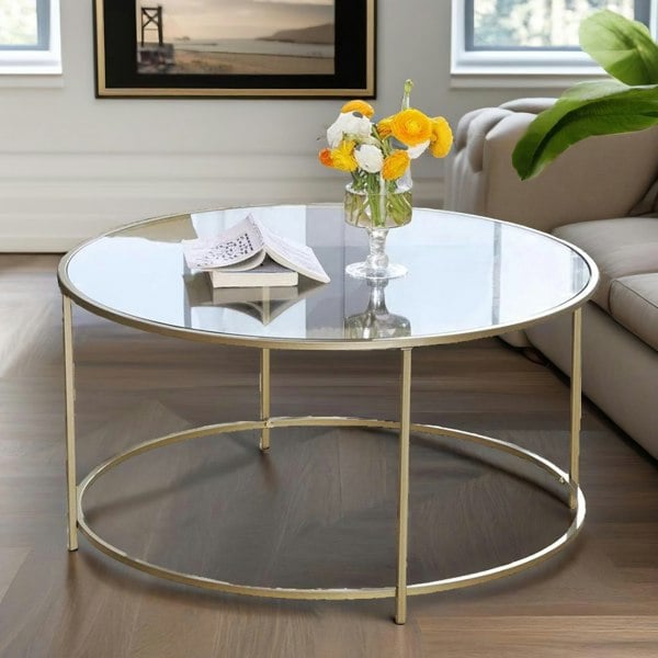 Rafaelo Mobilia Industrial Tempered Glass Round Coffee Table Gold