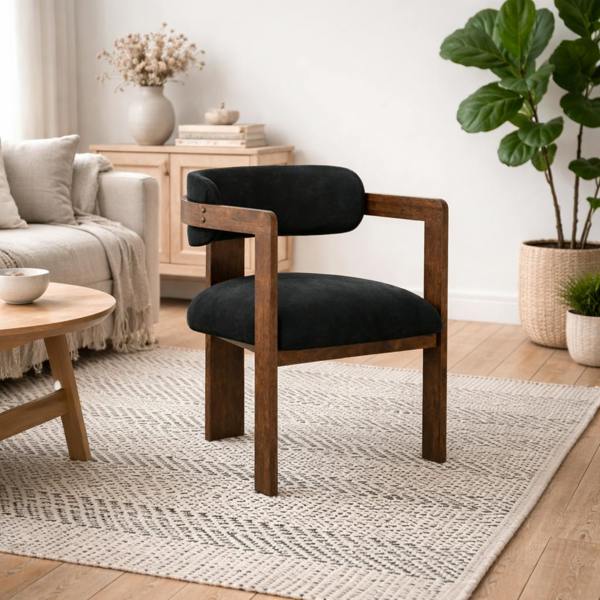 Wyld Haus Thurles Upholstered Black Velver and Walnut Wood Dining Chair
