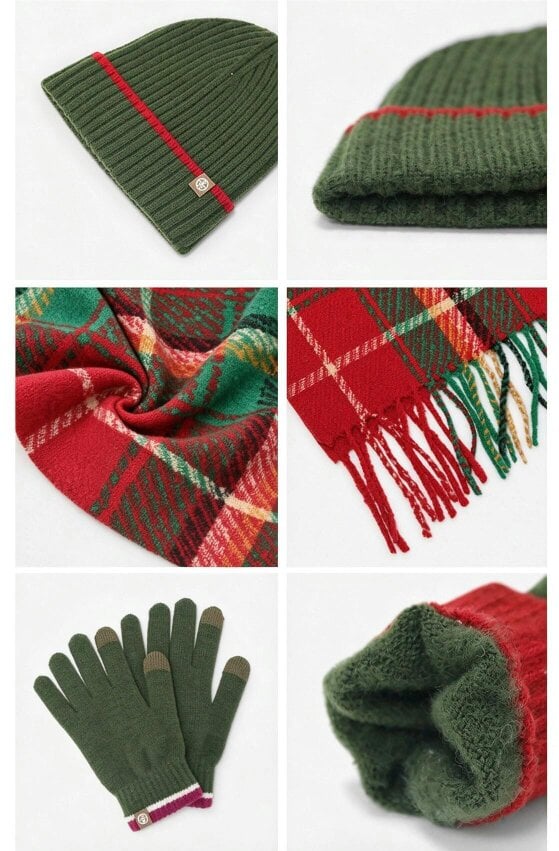 Obasyhig Christmas Check Knitted Hat Scarf and Gloves 3 Piece Set