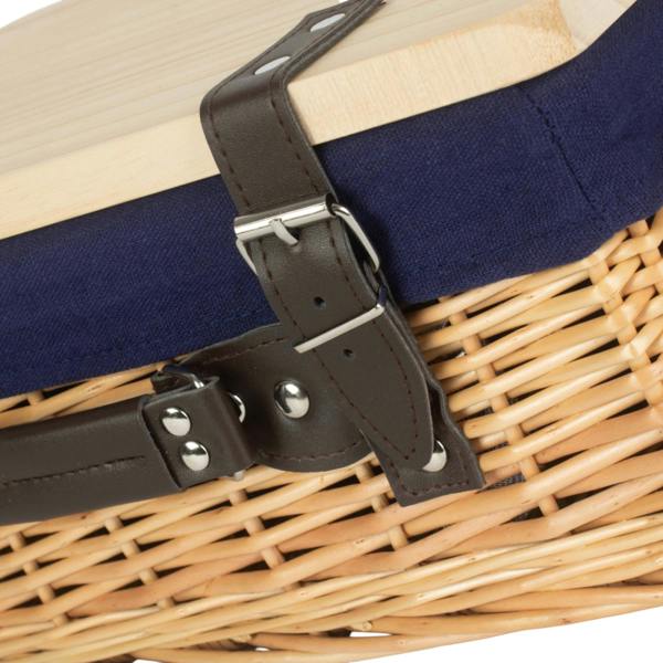 Buff Navy Lined Willow Picnic Basket with Pinewood Lid
