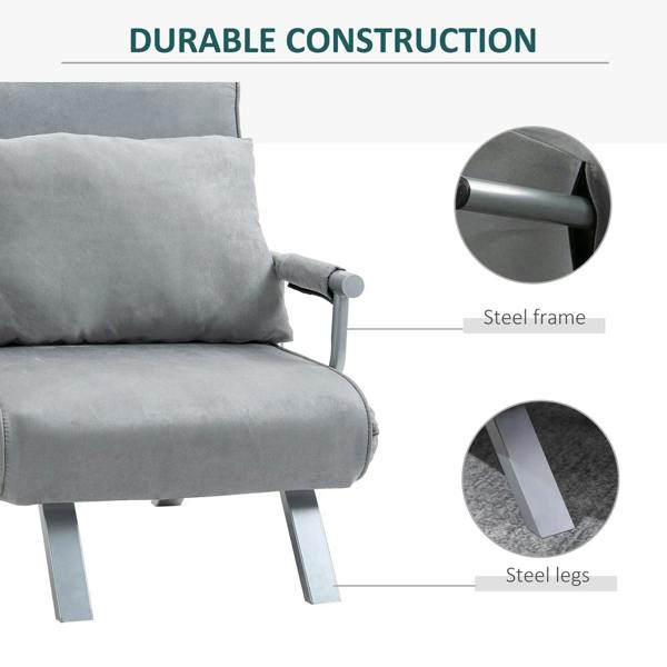Light grey futon chair with steel frame, steel legs, and armrest support