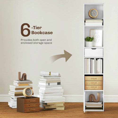 Wyld Haus Kesura Wooden White Tall Narrow 6 Tier Bookcase With Drawer And Door