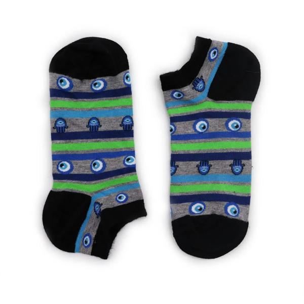 Black low socks with blue evil-eye icons, striped gray and green bands