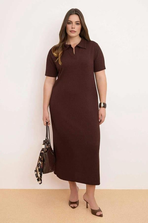 WOVCOR Polo Collar Slit Regular Fit Midi Stretch Knit Plus Size Dress