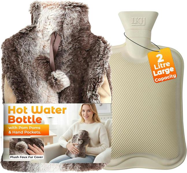 LKH HOME COLLECTION Hot Water Bottle with Cover UK 2L With Faux Fur & Pockets for Period Pain Relief Leak Resistant BPA Free Hot Bottle - Two-Tone Brown