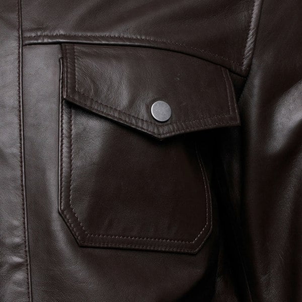 Barneys Originals Men's Brown Leather Patch-Pocket Harrington Jacket