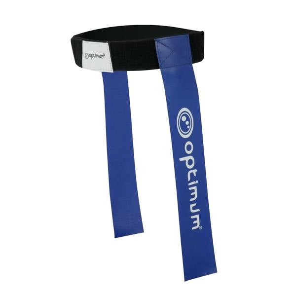 Black Optimum tag rugby belt with two blue hanging flags and white logo print, on white background