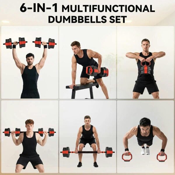 6-in-1 Adjustable Dumbbell Set, 20kg, Kettlebell, Barbell & Push-Up Stand, Red