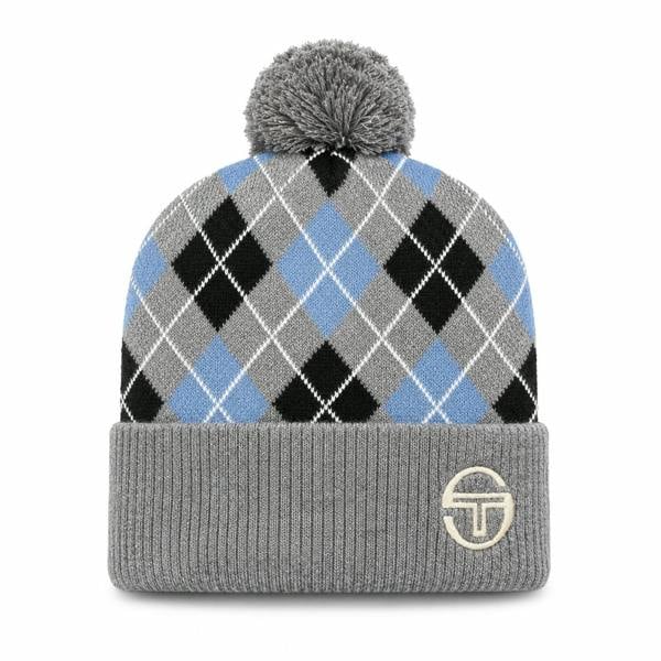 Sergio Tacchini charcoal, black, and blue argyle knit beanie with a grey pom-pom and embroidered logo on the ribbed cuff.