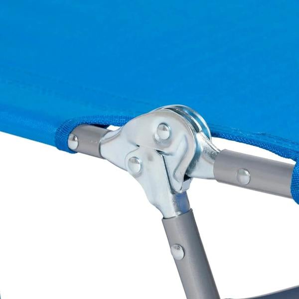 Steel frame hinge detail on blue foldable sun lounger with reinforced fabric strap