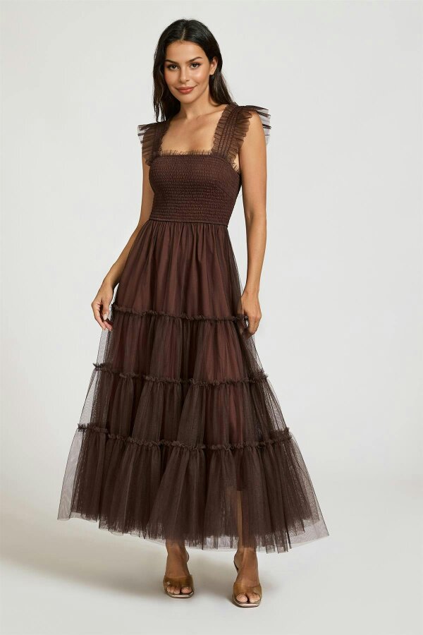 FS Collection Sleeveless Smocked Ruffle Tulle Dress In Brown