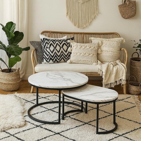 Wyld Haus Copenhagen Round White Marble Effect Nesting Coffee Table Set Black Metal Legs