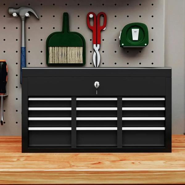 Black steel tool storage chest front with three drawer sections and central lock