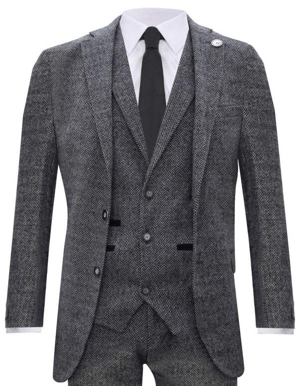 TruClothing Men's 3 Piece Grey Herringbone Tweed Suit