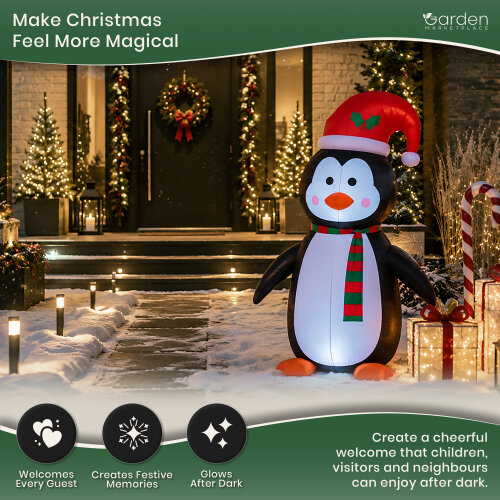 1.2m Inflatable Christmas Penguin with 3 Internal LED Lights, 12V Fan Motor, Guide Ropes and Transformer, Indoor/Outdoor Festive Decoration