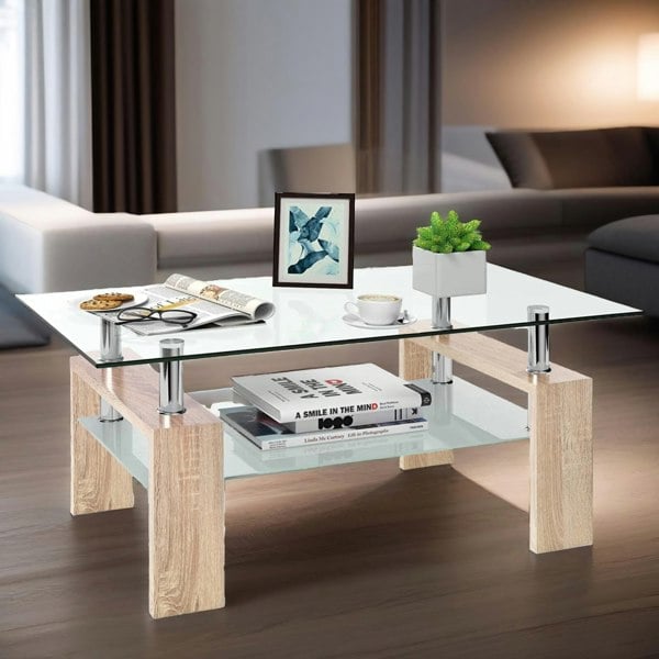 Rafaelo Mobilia 2 Tier Glass Coffee Table Oak