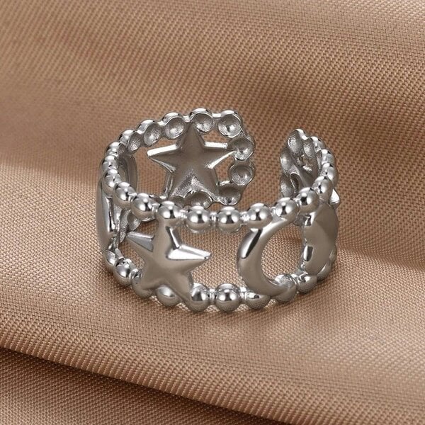 The Colourful Aura Celestial Star Moon Beaded Adjustable Ring Open Band (Gold/Silver) - Silver - Silver
