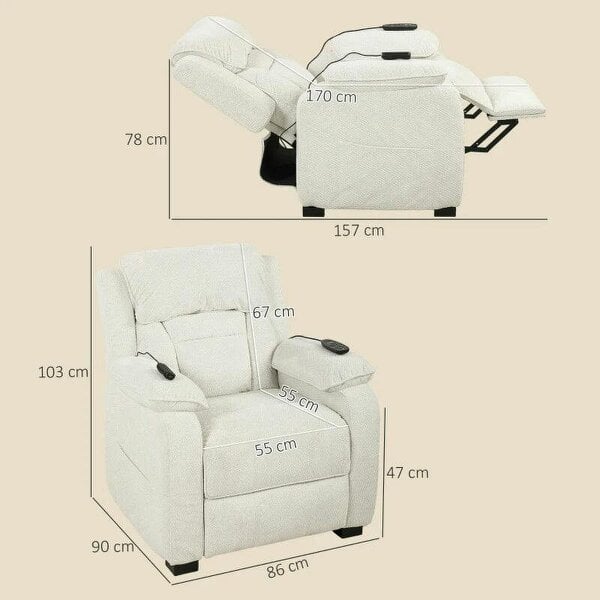Power Recliner Armchair with Massage and Heat, Electric Reclining Chair with Wide Spring Seat, Cream White