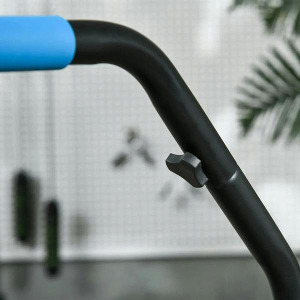 Black foam handle grip with blue frame bar for mini trampoline stability