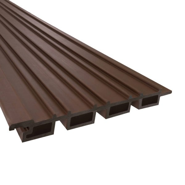WPC slatted wall cladding panels in rich brown, featuring a textured surface and sleek, modern design for outdoor or indoor use