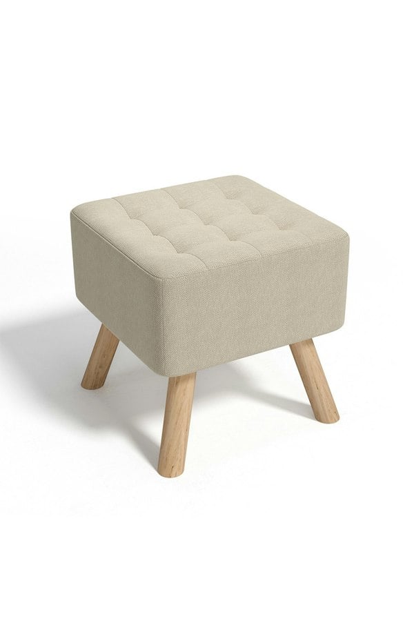 Living and Home Beige Linen Padded Wooden Leg Square Footstool