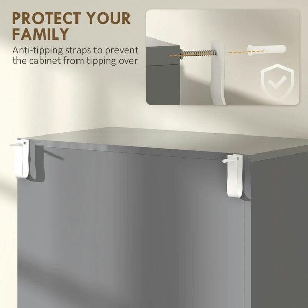 Storage Cabinet, Kitchen Cupboard with 3 Adjustable Shelves, 60L x 35W x 170H cm, High Gloss Grey