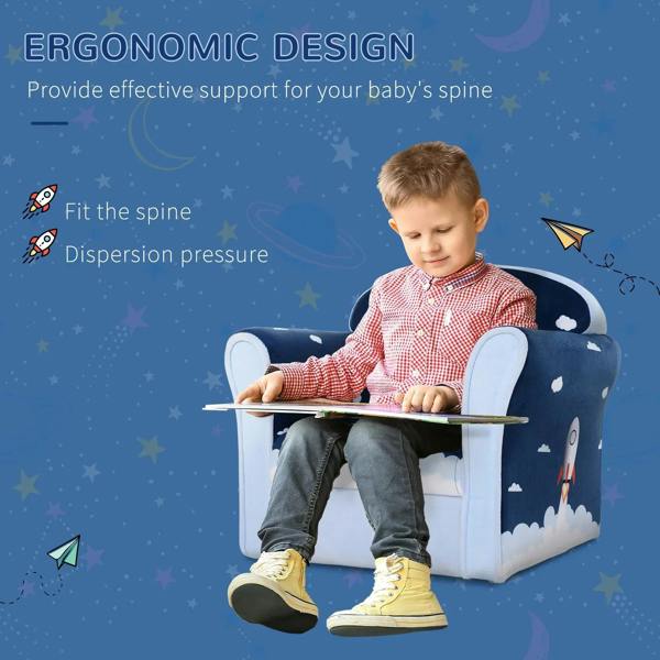 Children's blue armchair with rocket and cloud print, supportive rounded seat and arms