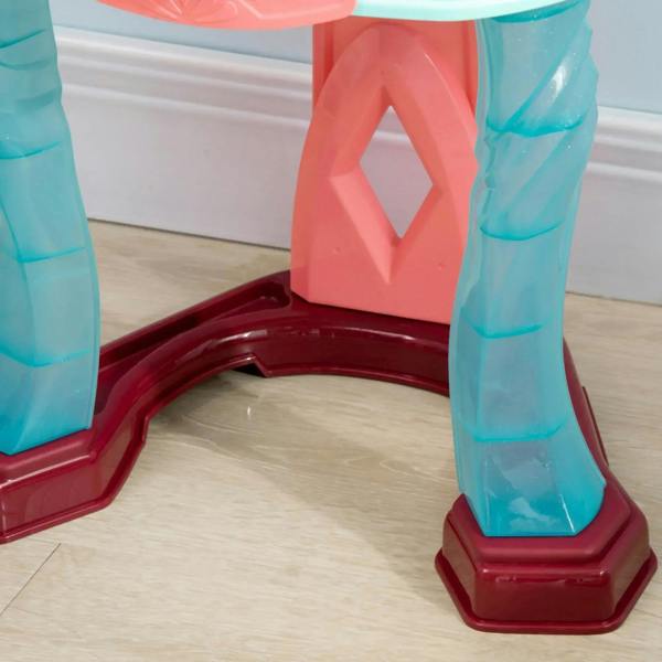 Bottom view of pink and blue kids dressing vanity legs and sturdy base