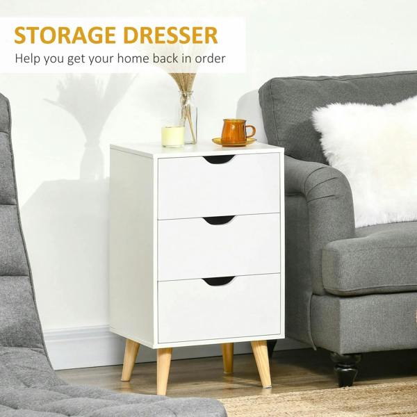 White bedside cabinet with black curved drawer pulls and three storage drawers