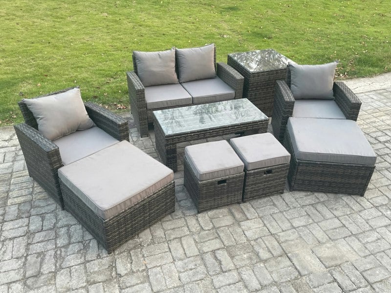 Fimous High Back Rattan Garden Sofa Set - Dark Grey Mixed Patio Furniture with Rectangular Coffee Table, Armchair & 2 Big Footstools