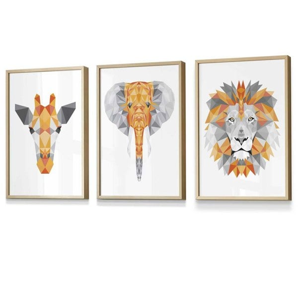 Artze Wall Art Framed Geometric set of 3 ORANGE Giraffe Lion Elephant