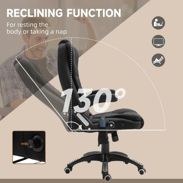 Black massage recliner chair reclined with extended footrest and swivel base with casters