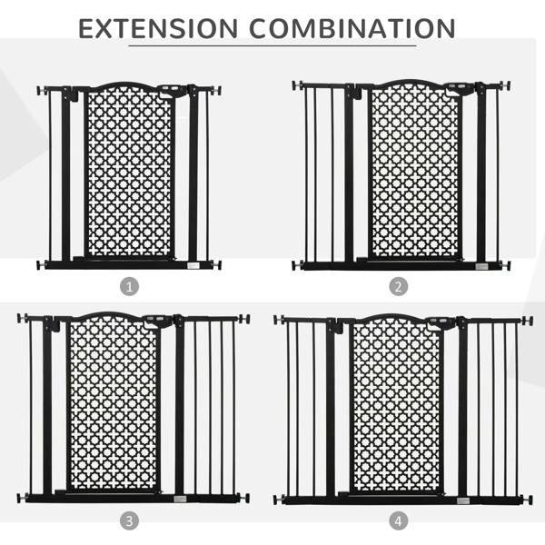 Black pet safety gate extension combinations with white patterned mesh panel