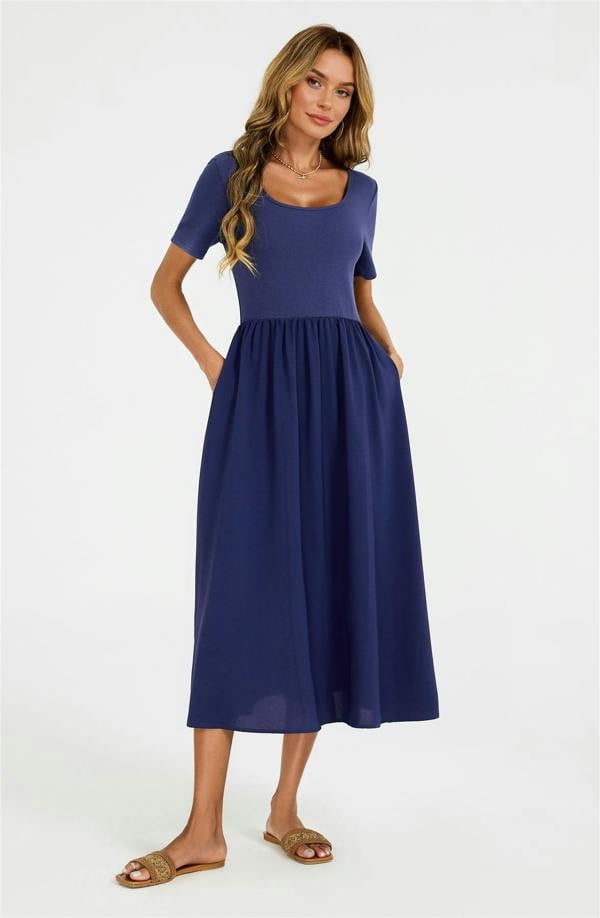 FS Collection Short Sleeve Jersey Bodice Midi Dress with Pockets In Navy