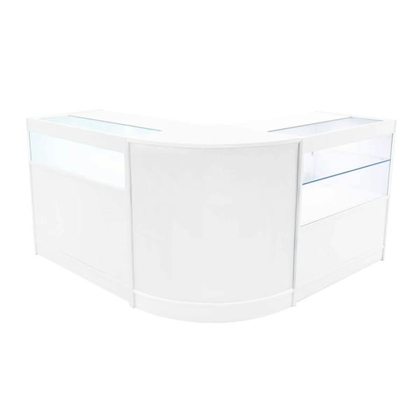 Adonis LED Shop Counter Set in white features a sleek, modern design with glass display sections and smooth surfaces for retail use