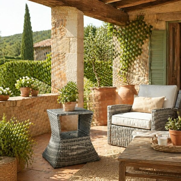 Wyld Haus Toka Grey Rattan Outdoor Bistro Table With Umbrella Hole And Shelf