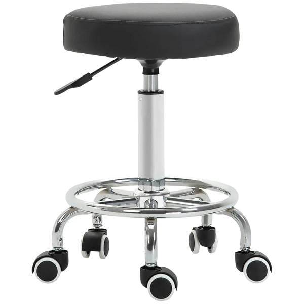 Black round padded rolling stool seat with height-adjustable chrome gas lift and caster wheels