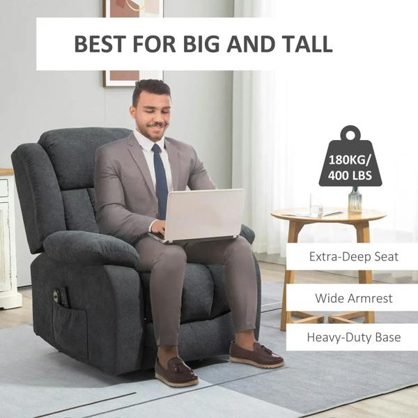 Dark grey power lift recliner chair with deep seat and wide armrests