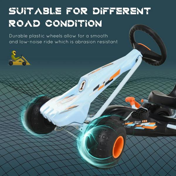 Light blue kids pedal go-kart with black steering wheel and orange wheels on uneven surface