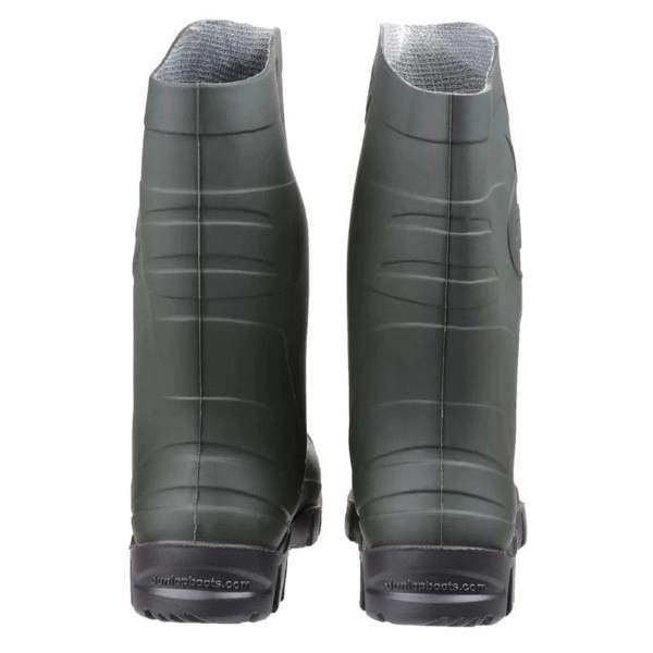 Rear view of Dunlop Dee green wellingtons durable design made for everyday farm use