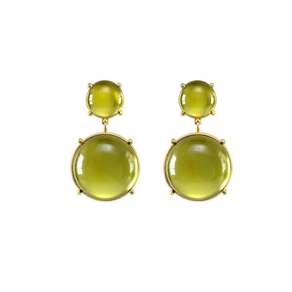 A pair of gold drop earrings featuring a small oval green gemstone above a larger round green cabochon stone, set against a plain white background.