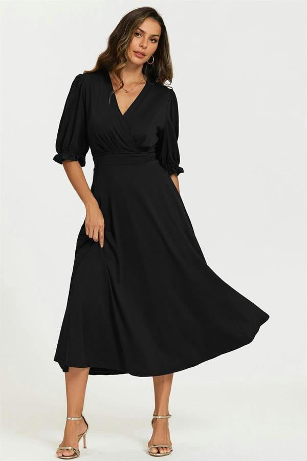 FS Collection Half Sleeves Jersey Midi Dress with Wrap Neckline In Black