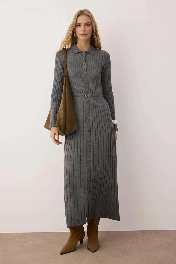 WOVCOR Ribbed Knit Dress with Belt Detail