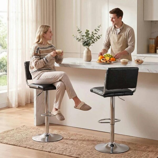 Bar Stools Modern PU Leather Adjustable Breakfast Bar Stools Backrest Set of 2 Black - Black