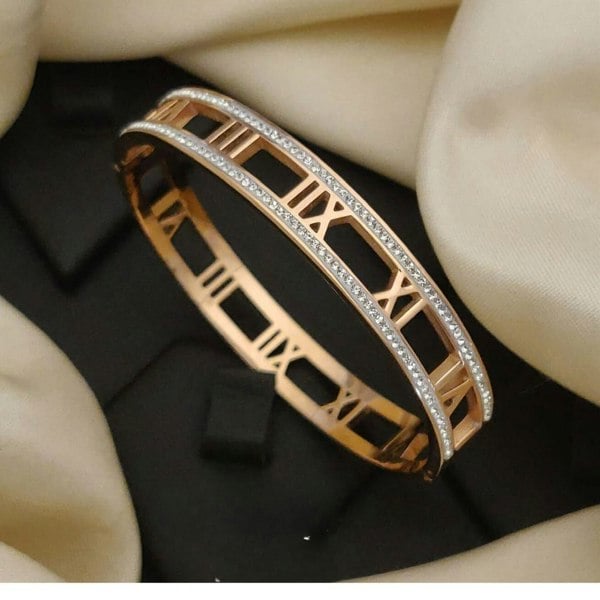 The Colourful Aura 18ct Rose Gold Zircon Roman Number Cuff Wrist Bangle Bracelet